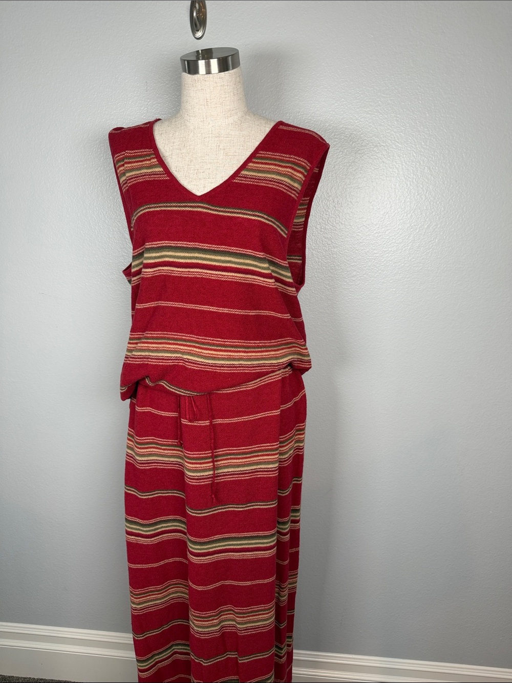Ralph Lauren Red Striped Maxi Knit Skirt and V Neck Tank Matching Set Linen XL - Picture 2 of 10